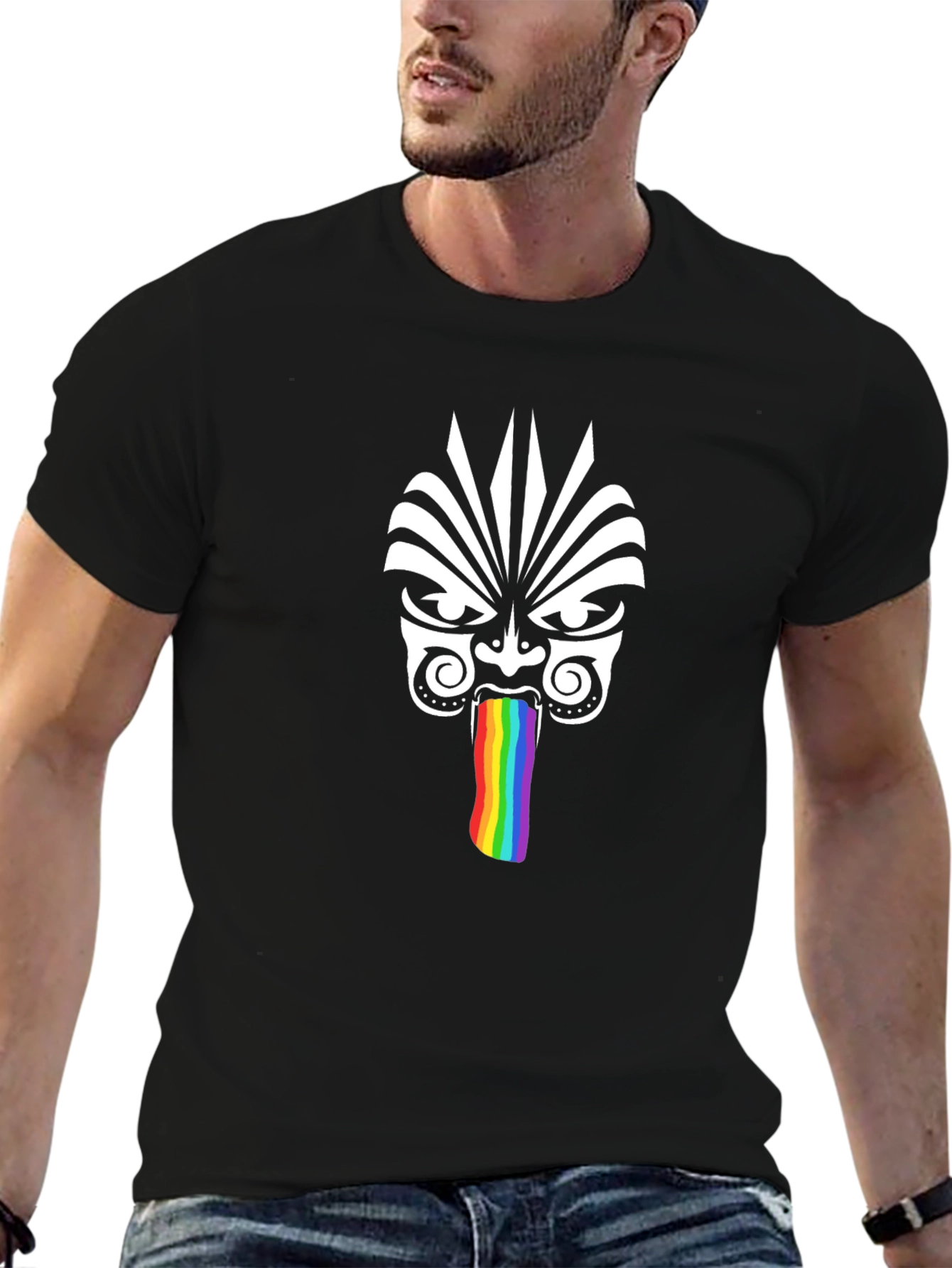 Tribal Mask Rainbow Tongue Graphic T-Shirt