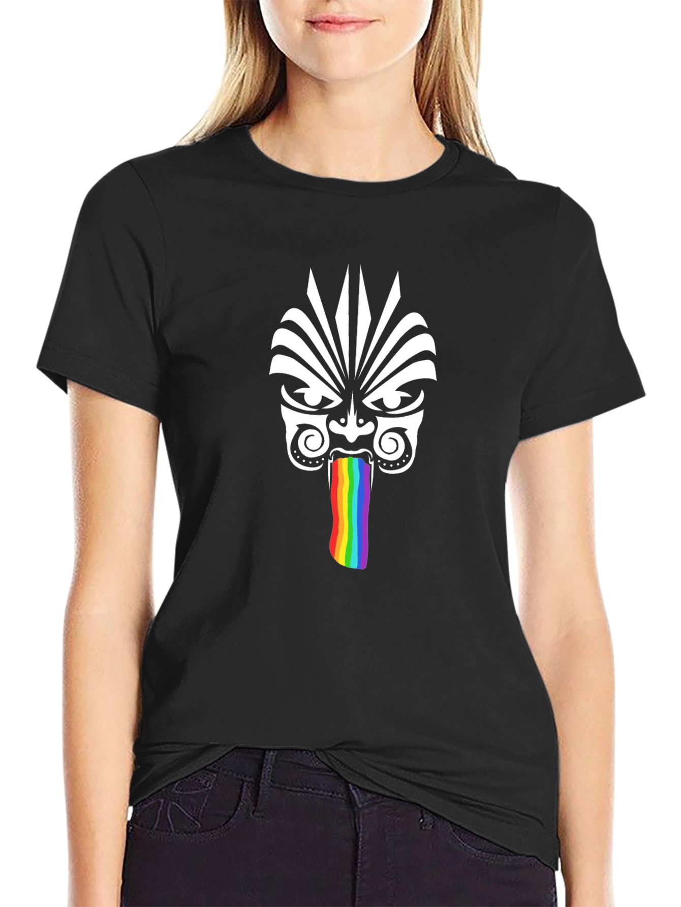 Tribal Mask Rainbow Tongue Graphic T-Shirt
