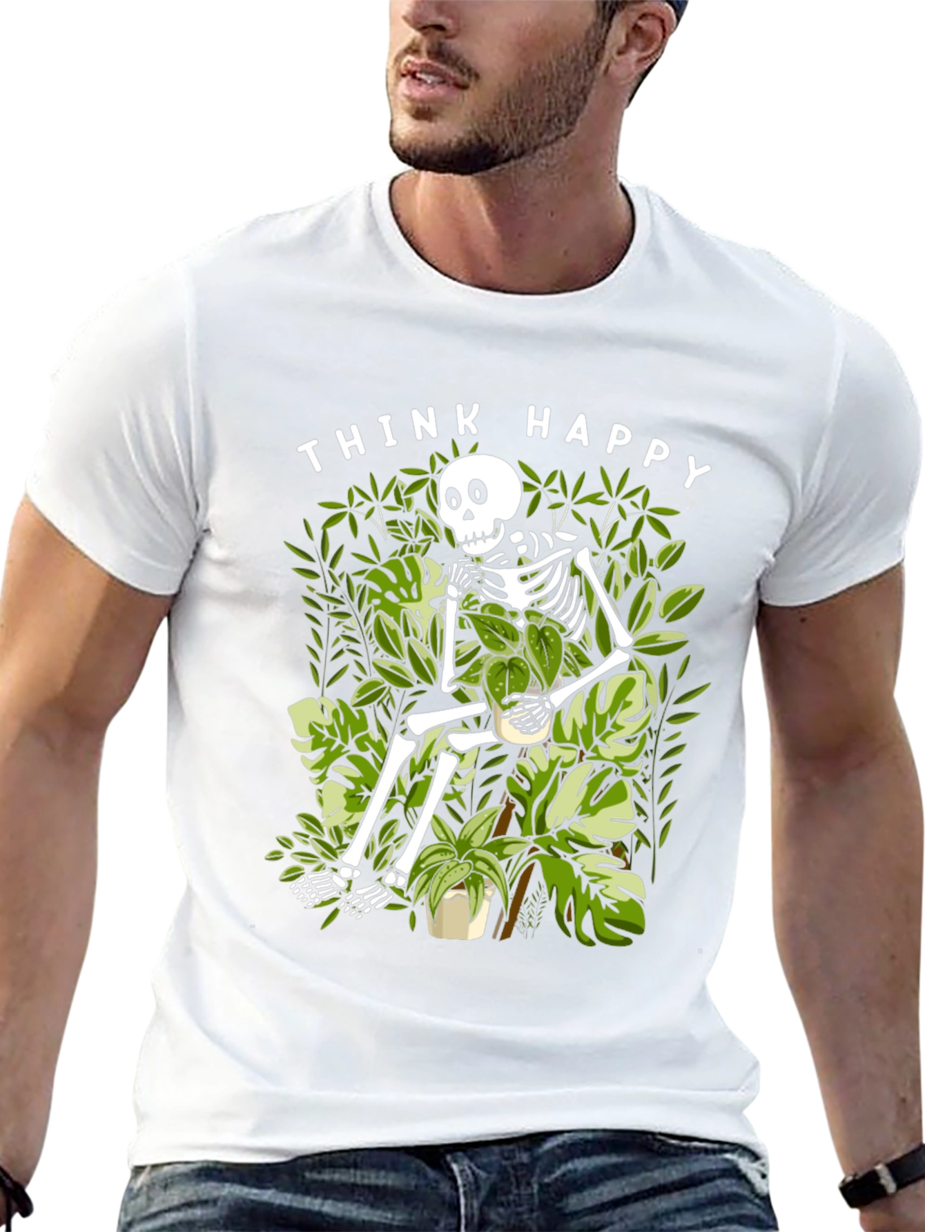 Think Happy Skeleton Plant Lover T-Shirt