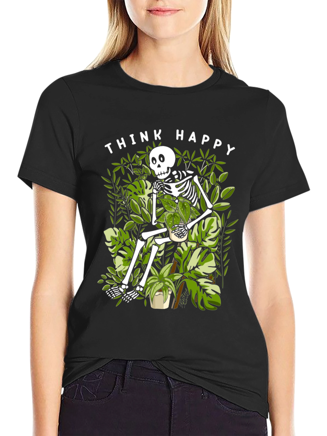Think Happy Skeleton Plant Lover T-Shirt
