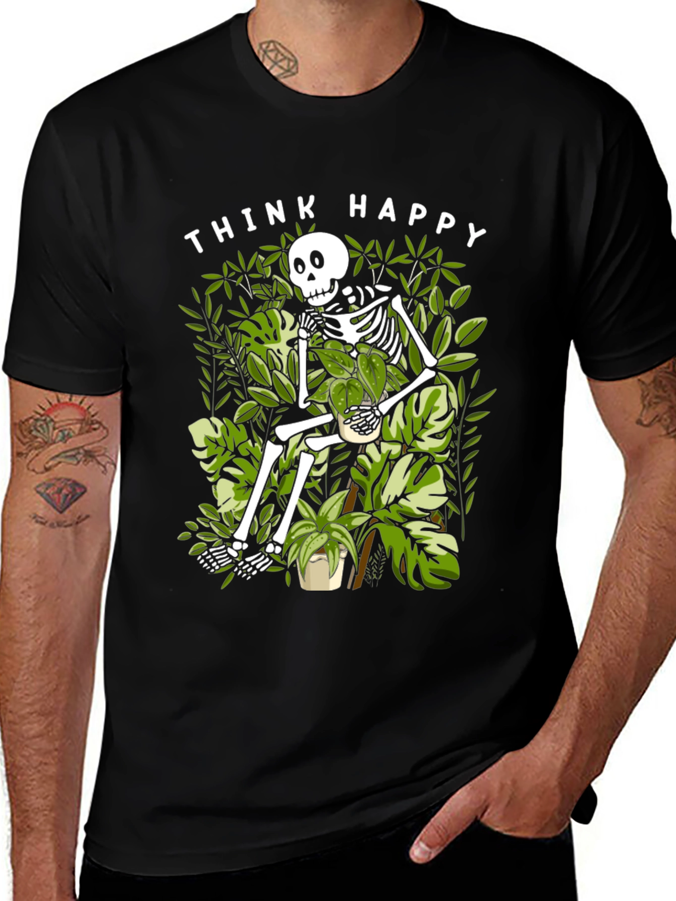 Think Happy Skeleton Plant Lover T-Shirt