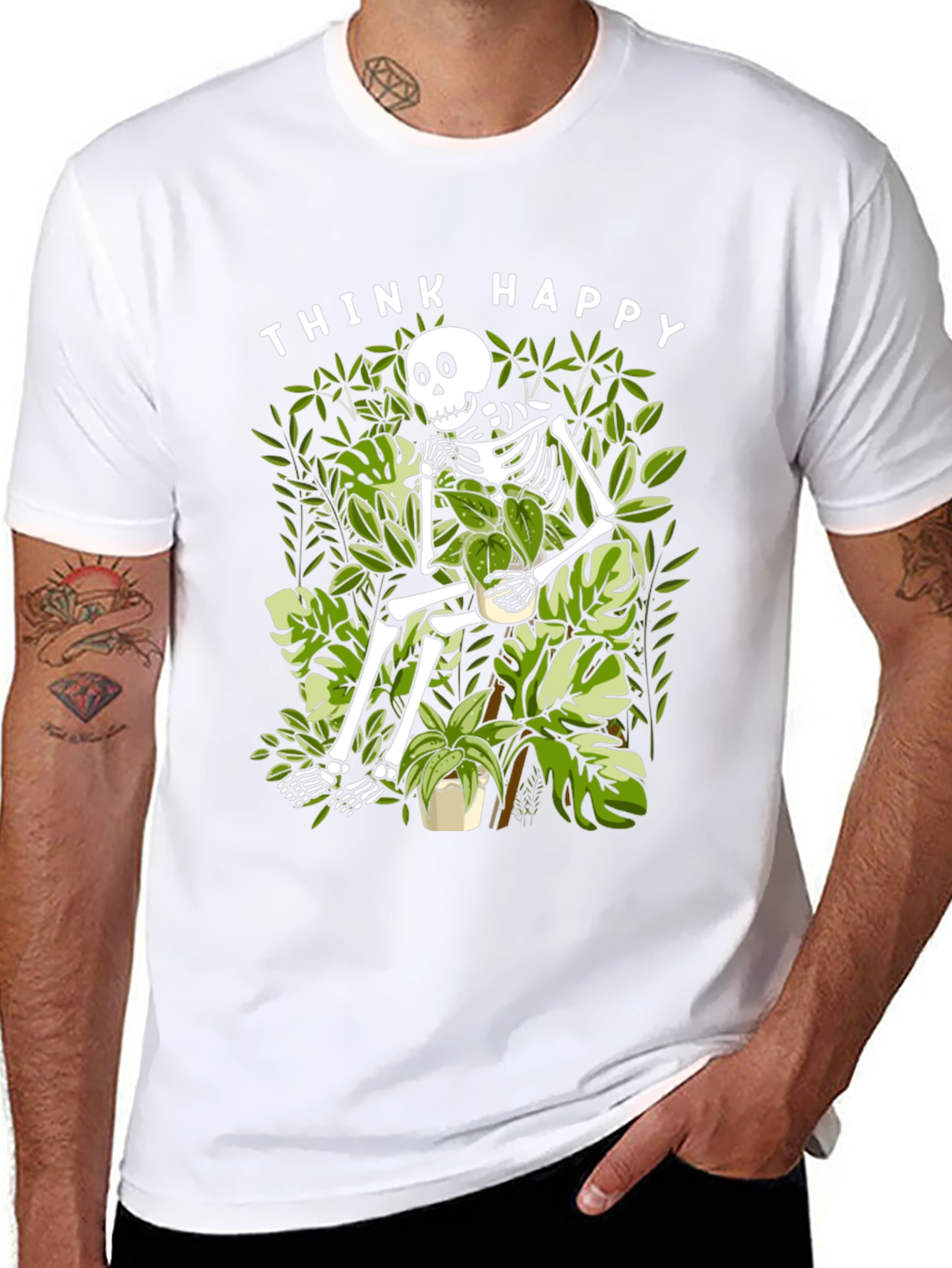 Think Happy Skeleton Plant Lover T-Shirt