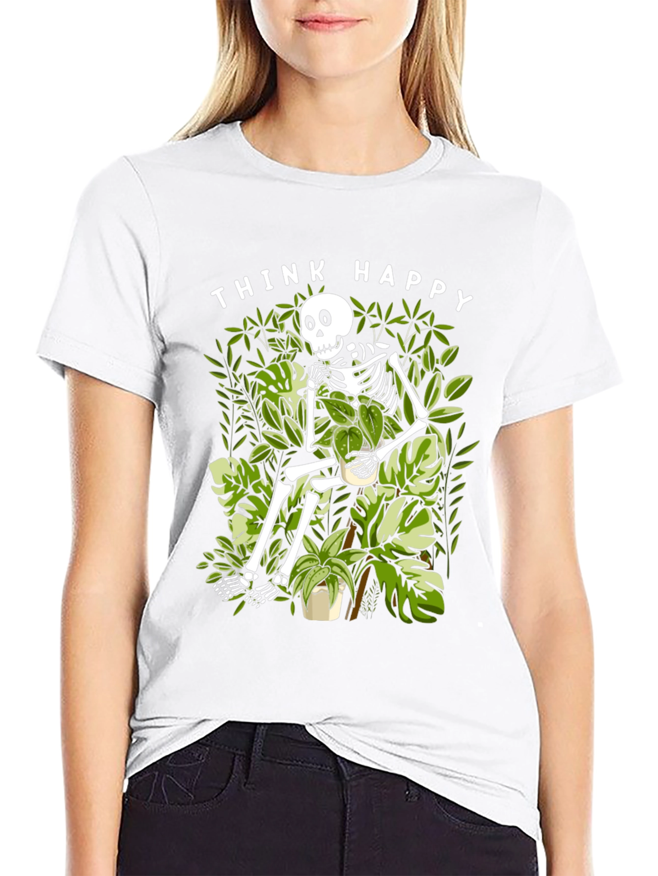 Think Happy Skeleton Plant Lover T-Shirt
