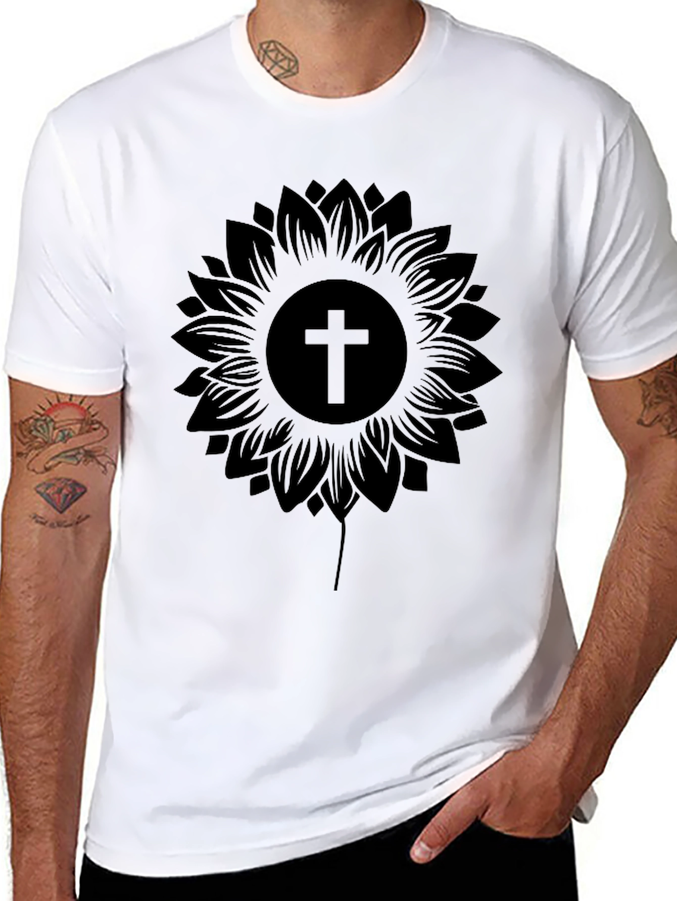 Sunflower Cross Graphic Black T-Shirt