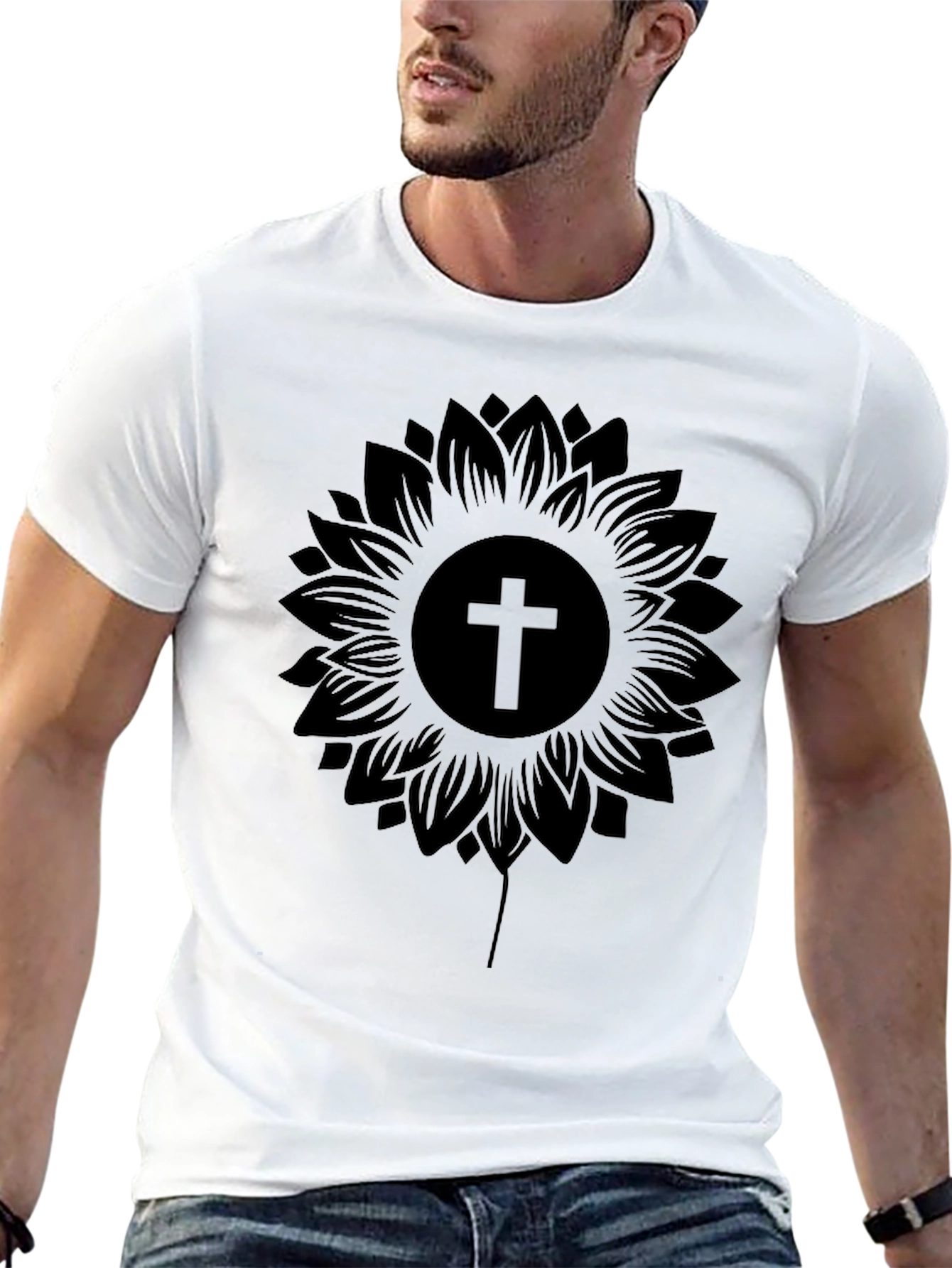 Sunflower Cross Graphic Black T-Shirt