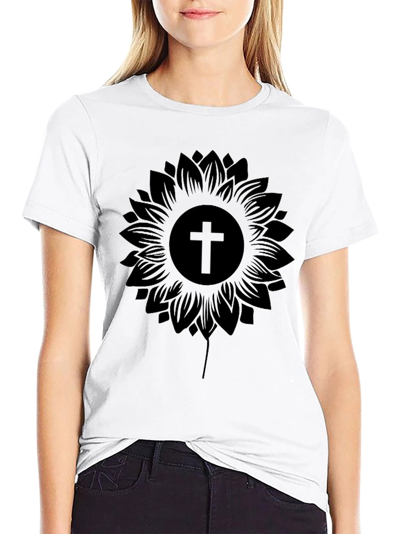 Sunflower Cross Graphic Black T-Shirt
