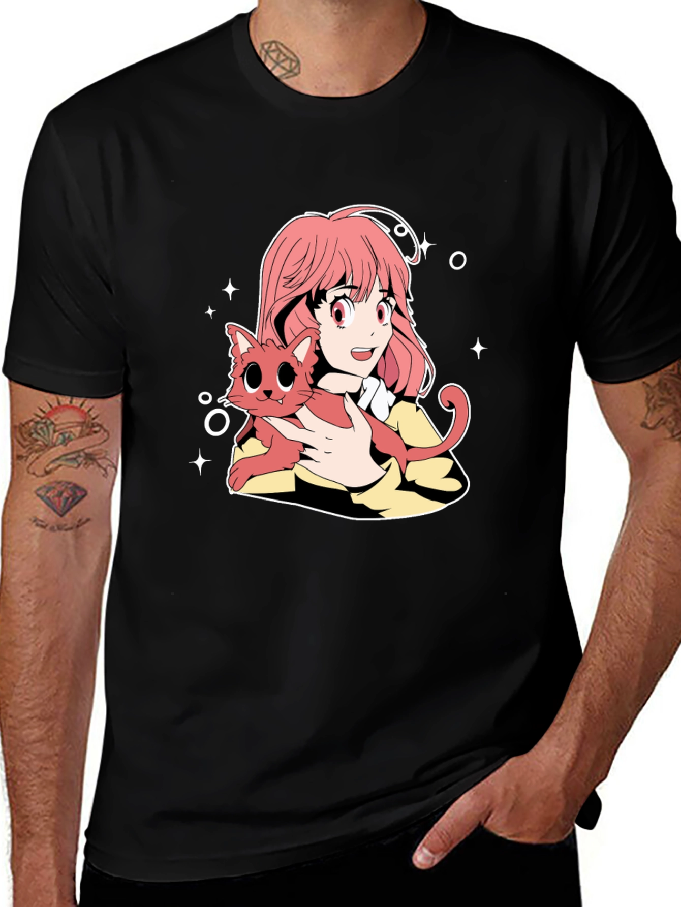Anime Girl and Cat Graphic T-Shirt