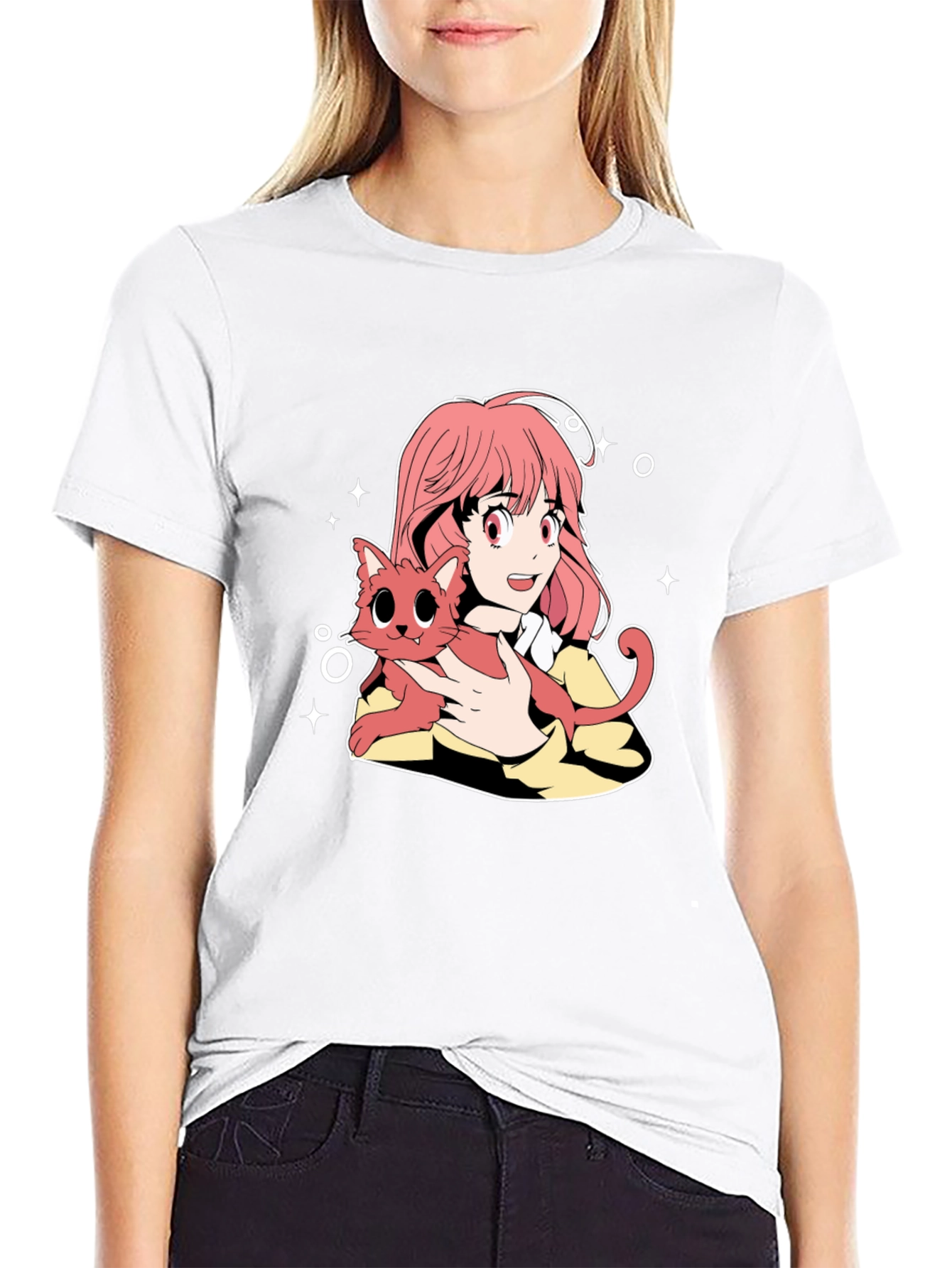 Anime Girl and Cat Graphic T-Shirt
