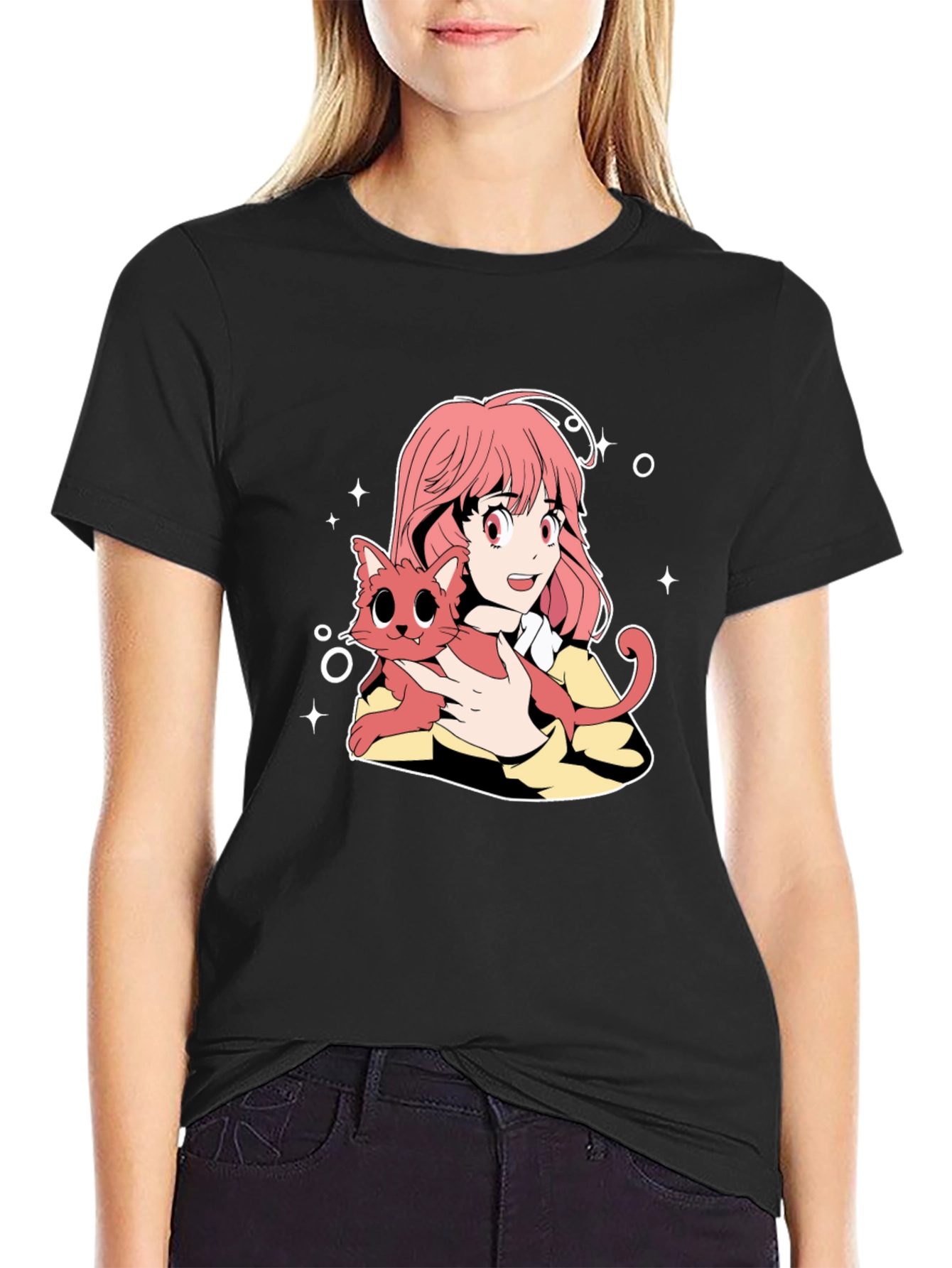 Anime Girl and Cat Graphic T-Shirt