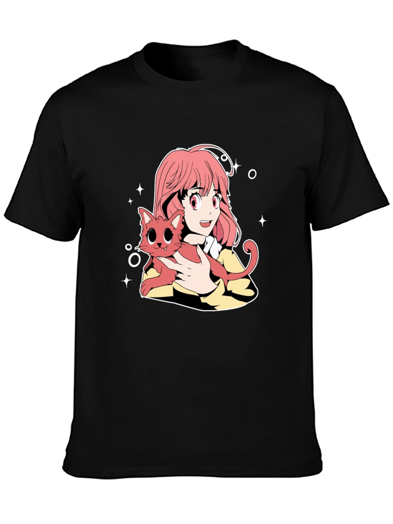 Anime Girl and Cat Graphic T-Shirt