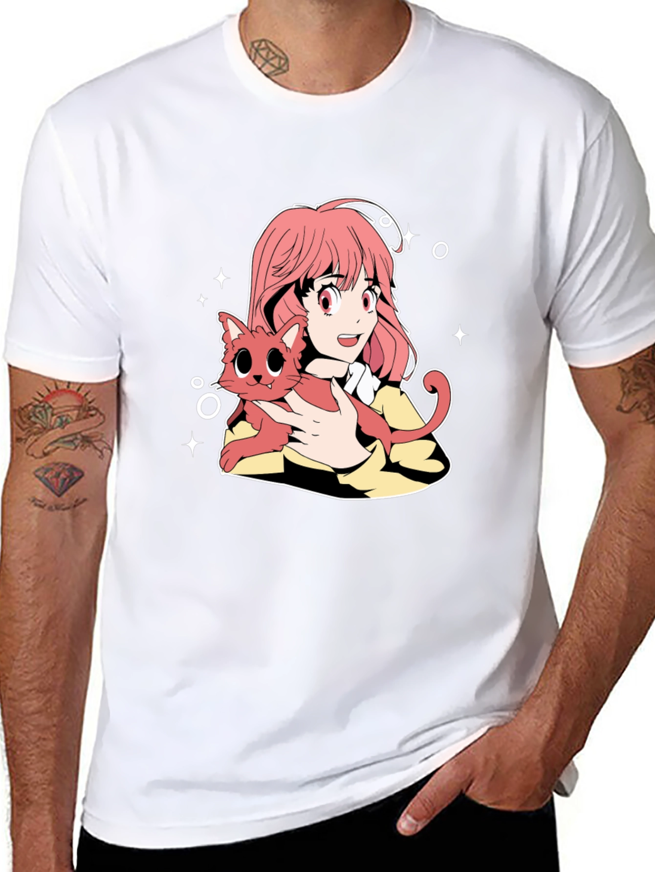 Anime Girl and Cat Graphic T-Shirt