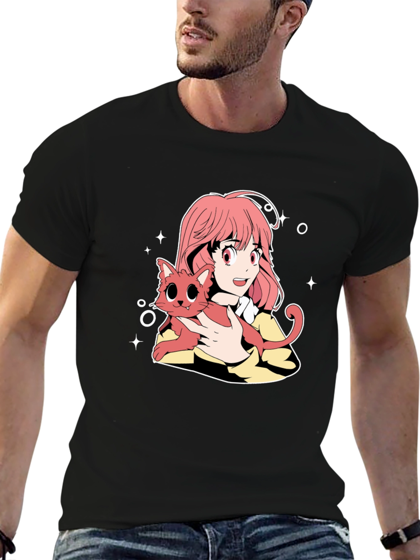 Anime Girl and Cat Graphic T-Shirt