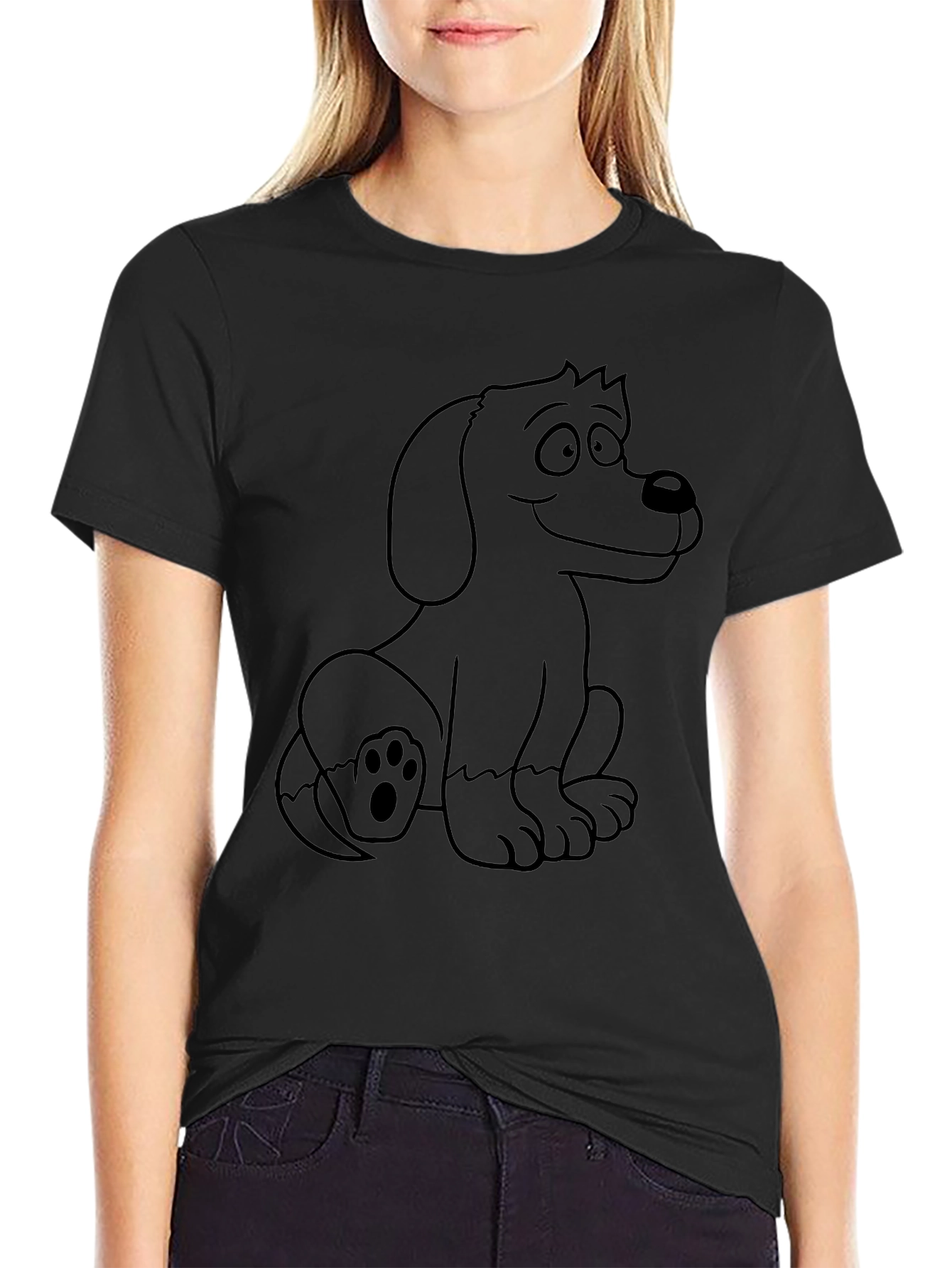 Cute Cartoon Dog Graphic Tee - Black